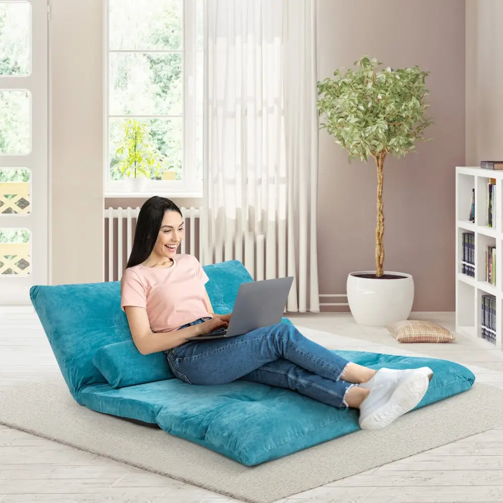 6-Position Adjustable Sleeper Lounge Couch with 2 Pillows-Blue - Blue - Floor Chairs