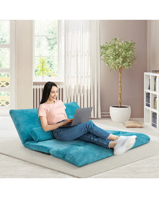 6-Position Adjustable Sleeper Lounge Couch with 2 Pillows-Blue - Blue - Floor Chairs