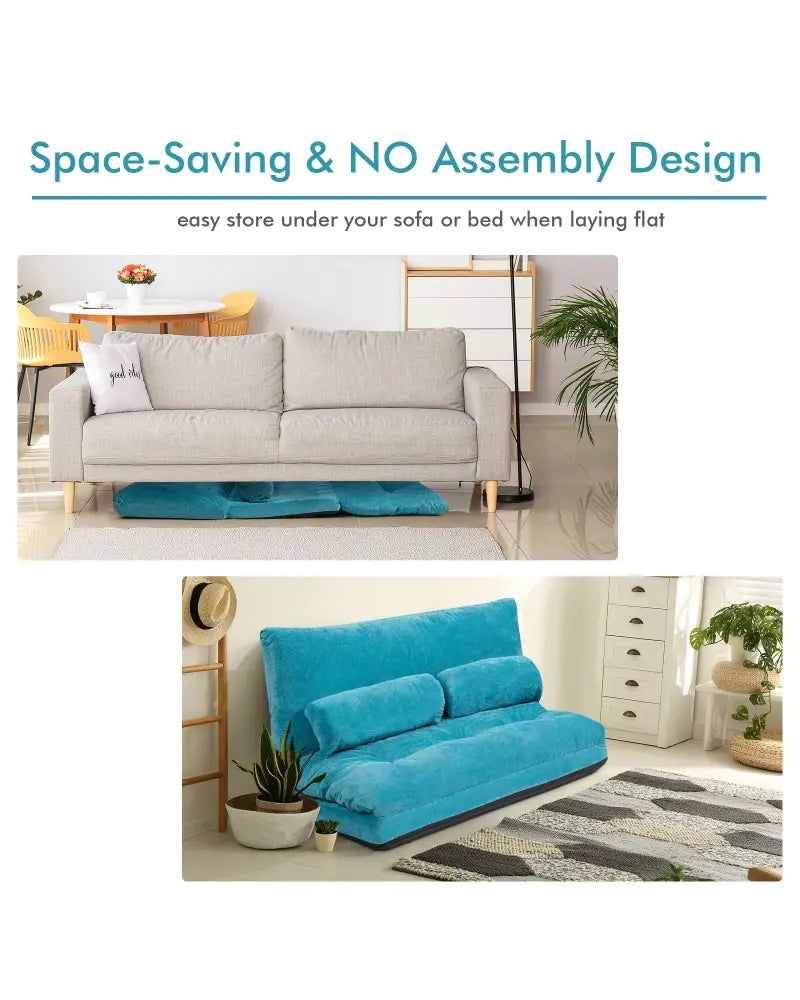 6-Position Adjustable Sleeper Lounge Couch with 2 Pillows-Blue - Blue - Floor Chairs