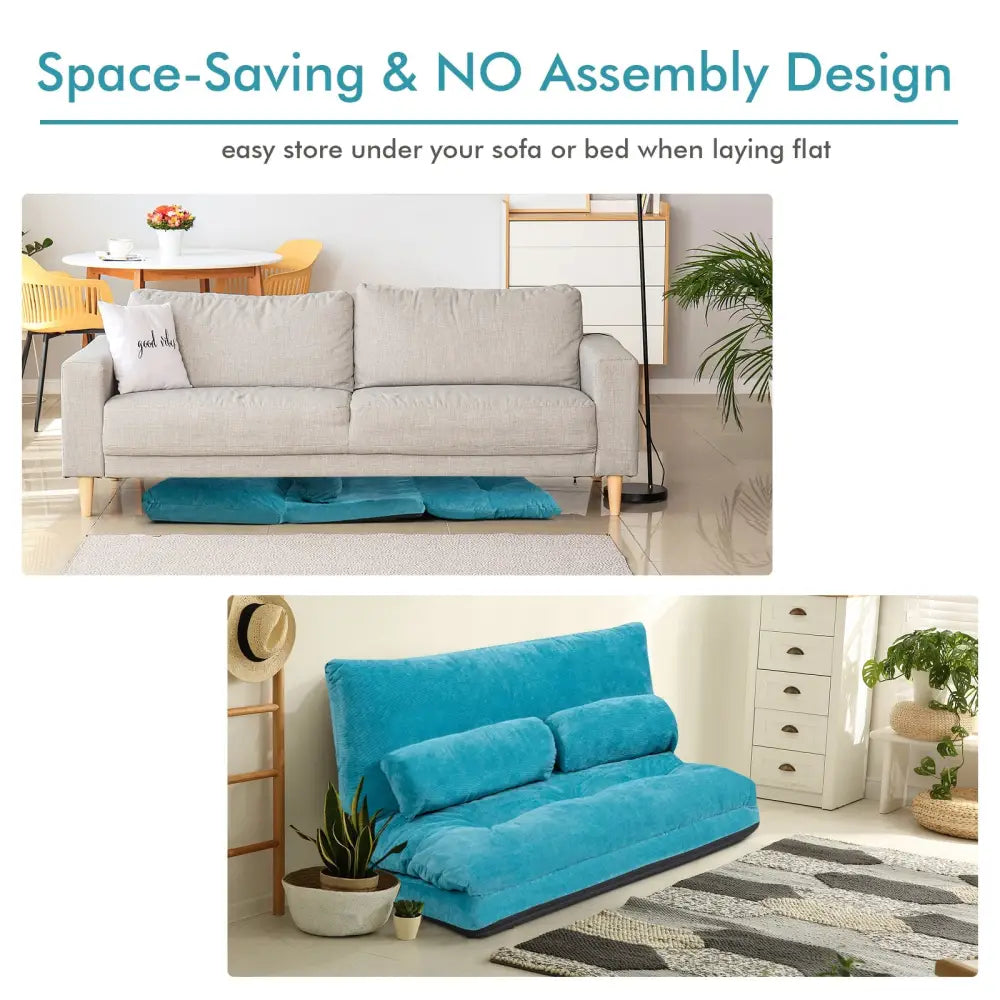 6-Position Adjustable Sleeper Lounge Couch with 2 Pillows-Blue - Blue - Floor Chairs