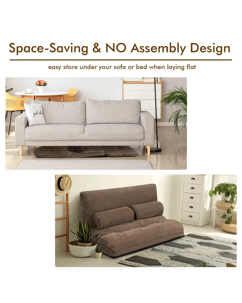 6-Position Adjustable Sleeper Lounge Couch with 2 Pillows-Brown - Brown - Floor Chairs