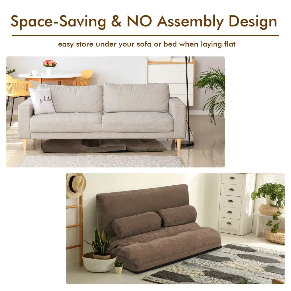 6-Position Adjustable Sleeper Lounge Couch with 2 Pillows-Brown - Brown - Floor Chairs