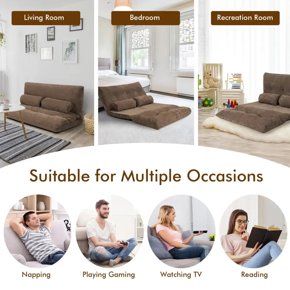 6-Position Adjustable Sleeper Lounge Couch with 2 Pillows-Brown - Brown - Floor Chairs