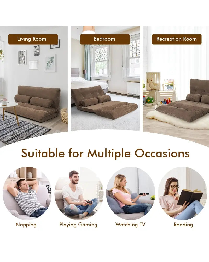 6-Position Adjustable Sleeper Lounge Couch with 2 Pillows-Brown - Brown - Floor Chairs