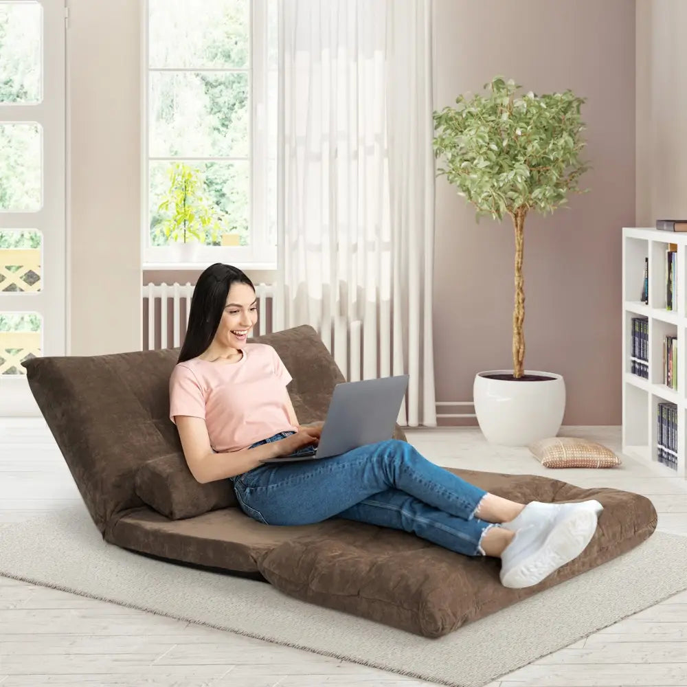 6-Position Adjustable Sleeper Lounge Couch with 2 Pillows-Brown - Brown - Floor Chairs