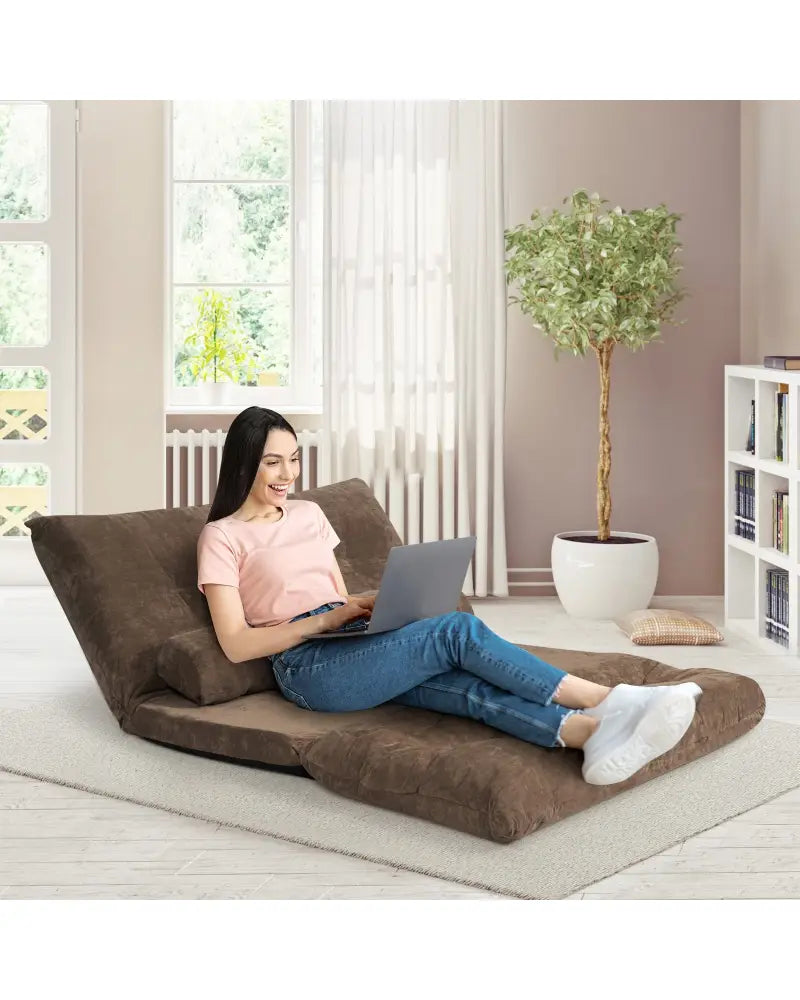 6-Position Adjustable Sleeper Lounge Couch with 2 Pillows-Brown - Brown - Floor Chairs