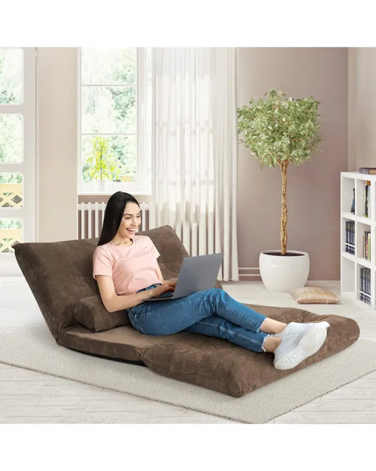 6-Position Adjustable Sleeper Lounge Couch with 2 Pillows-Brown - Brown - Floor Chairs