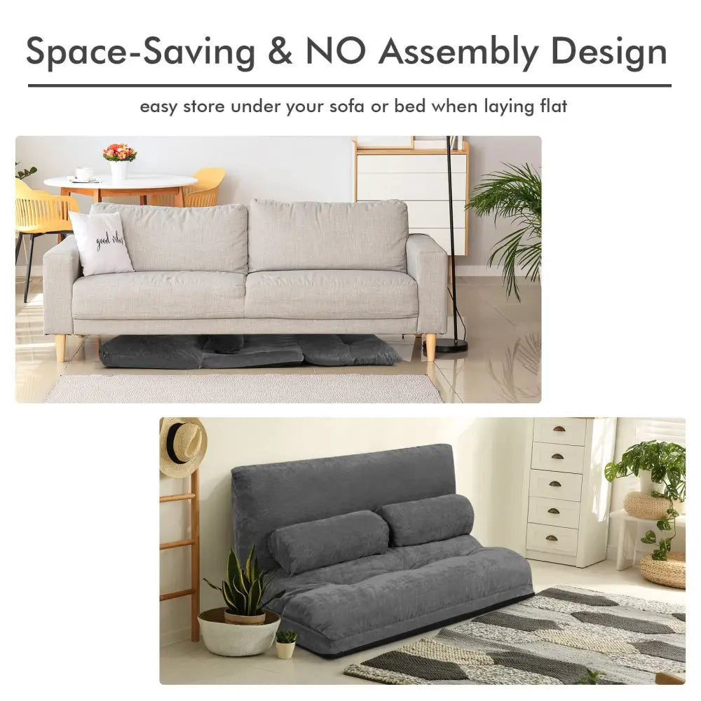 6-Position Adjustable Sleeper Lounge Couch with 2 Pillows-Gray - Gray - Floor Chairs