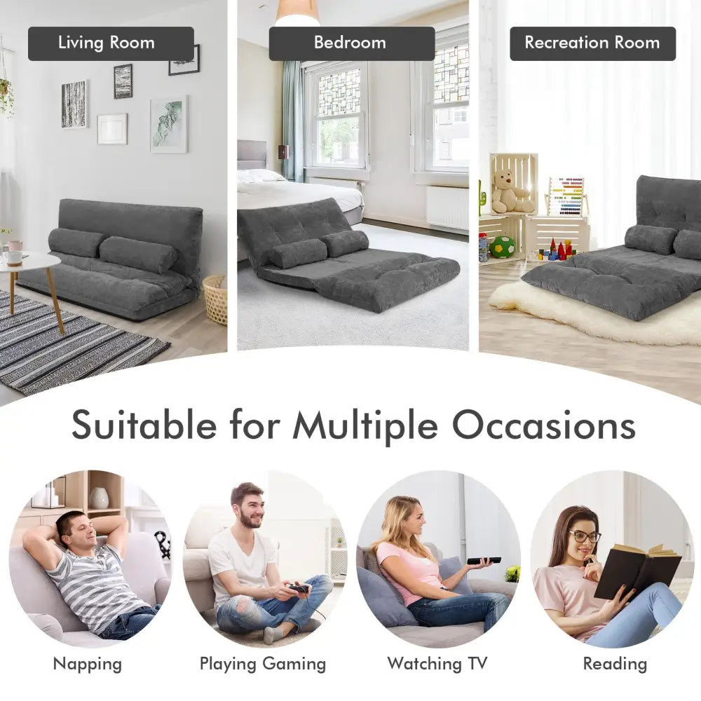 6-Position Adjustable Sleeper Lounge Couch with 2 Pillows-Gray - Gray - Floor Chairs