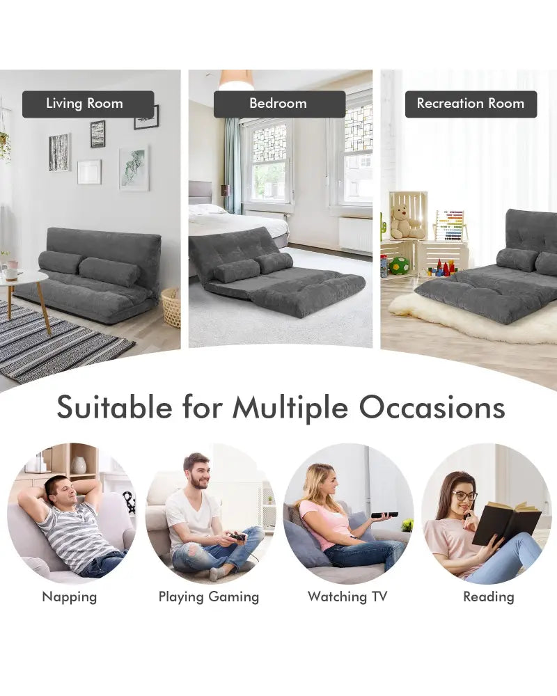 6-Position Adjustable Sleeper Lounge Couch with 2 Pillows-Gray - Gray - Floor Chairs