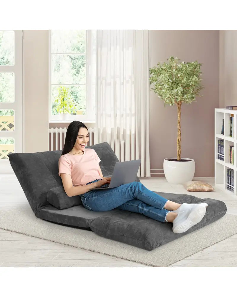 6-Position Adjustable Sleeper Lounge Couch with 2 Pillows-Gray - Gray - Floor Chairs