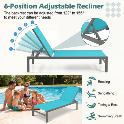 6-Position Chaise Lounge Chairs with Rustproof Aluminium Frame-Turquoise - Turquoise - Outdoor Chaise Lounges
