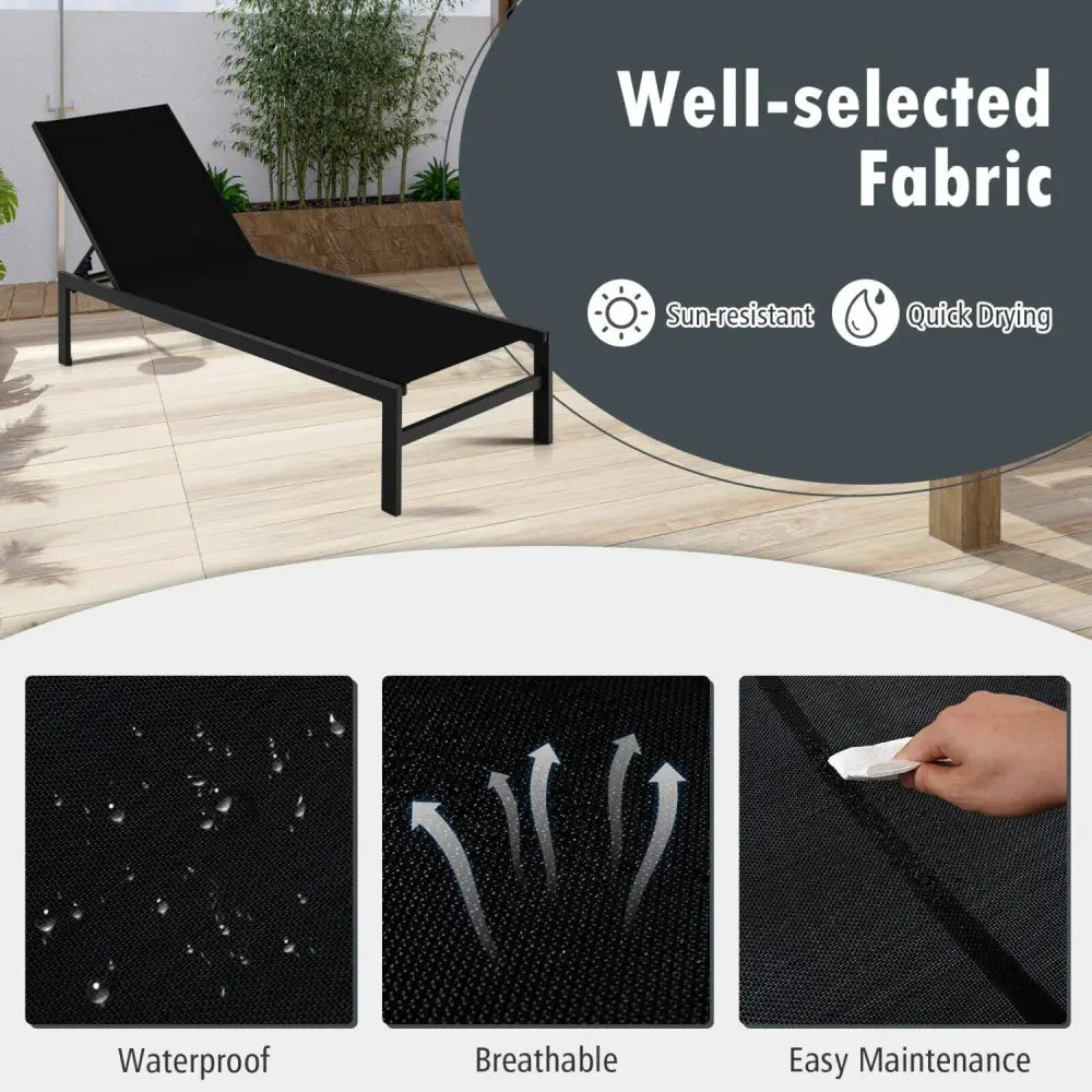 6-Position Chaise Lounge Chairs with Rustproof Aluminium Frame-Black - Black - Outdoor Chaise Lounges