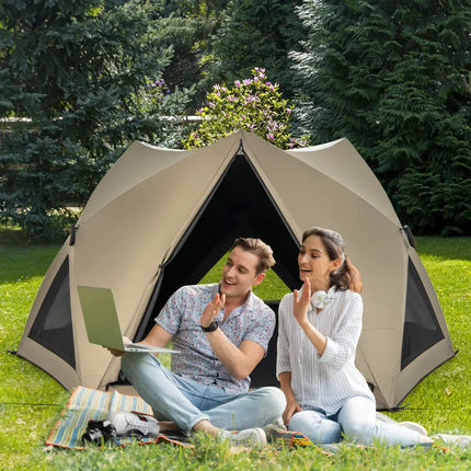 6-Sided Pop-up Family Tent with Rainfly Skylight 3 Doors 3 Windows-Green - Green - Tents