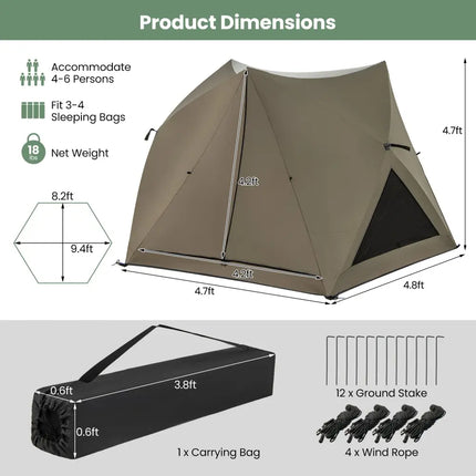 6-Sided Pop-up Family Tent with Rainfly Skylight 3 Doors 3 Windows-Green - Green - Tents