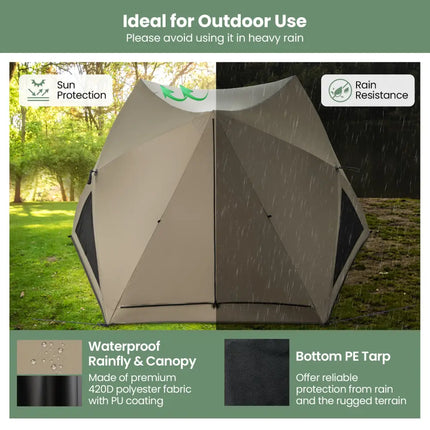 6-Sided Pop-up Family Tent with Rainfly Skylight 3 Doors 3 Windows-Green - Green - Tents