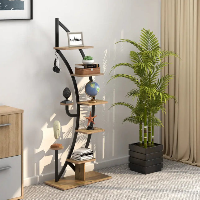 6 Tier 9 Potted Metal Plant Stand Holder Display Shelf with Hook-Natural - Natural - Plant Stands
