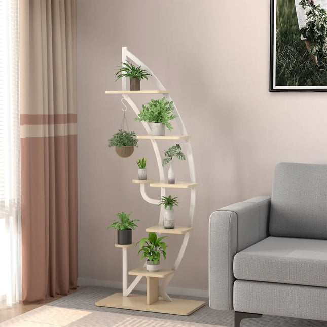 6-Tier 9 Potted Metal Plant Stand Holder Display Shelf with Hook-White - White - Plant Stands
