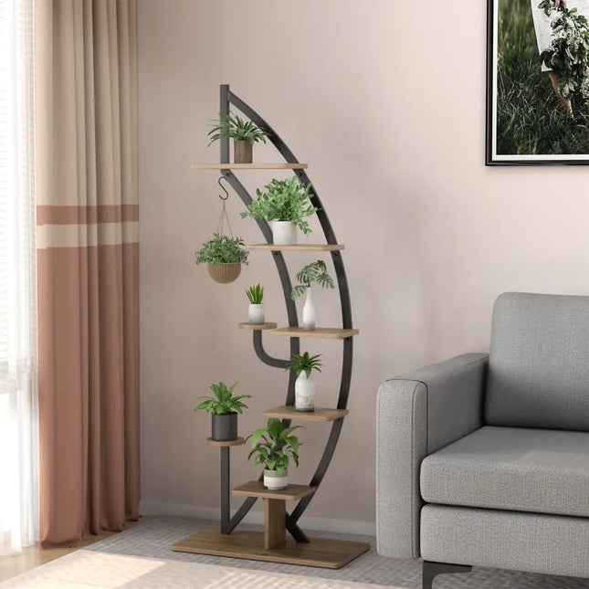 6 Tier 9 Potted Metal Plant Stand Holder Display Shelf with Hook-Natural - Natural - Plant Stands