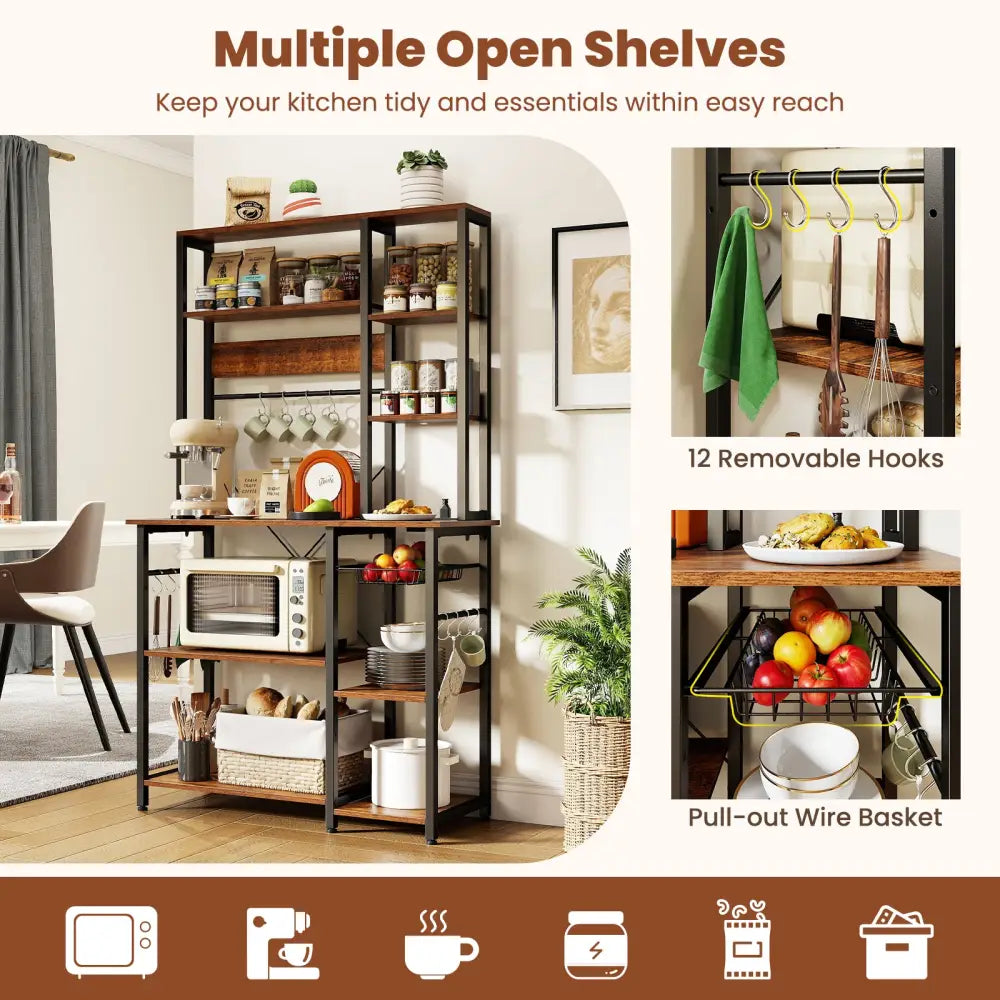 6-Tier Bakers Rack with Power Outlet Stand Wooden Open Shelves-Rusticbrown - Rustic Brown - Baker’s Racks