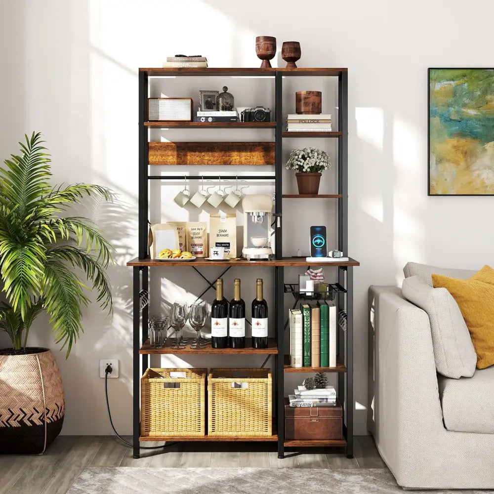 6-Tier Bakers Rack with Power Outlet Stand Wooden Open Shelves-Rusticbrown - Rustic Brown - Baker’s Racks