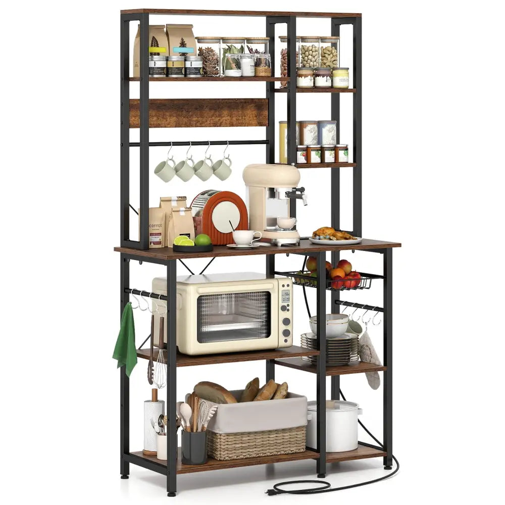6-Tier Bakers Rack with Power Outlet Stand Wooden Open Shelves-Rusticbrown - Rustic Brown - Baker’s Racks