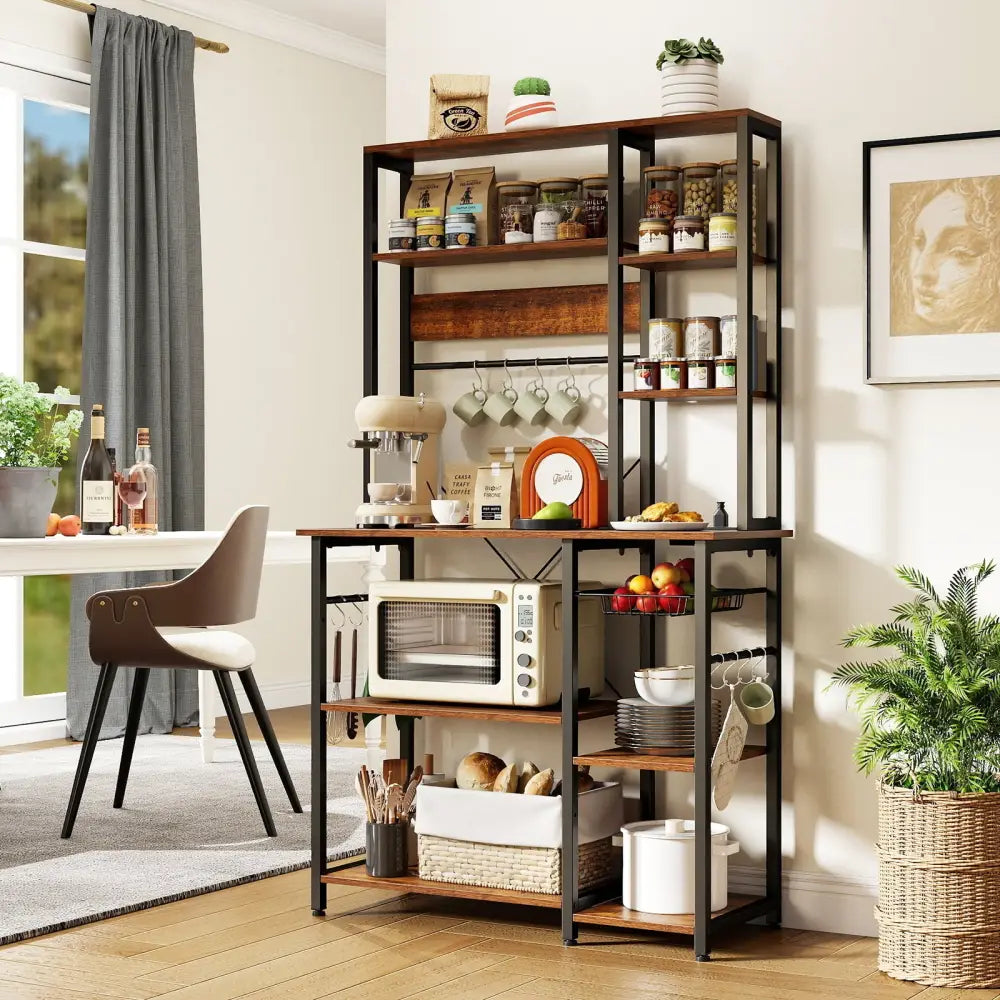 6-Tier Bakers Rack with Power Outlet Stand Wooden Open Shelves-Rusticbrown - Rustic Brown - Baker’s Racks
