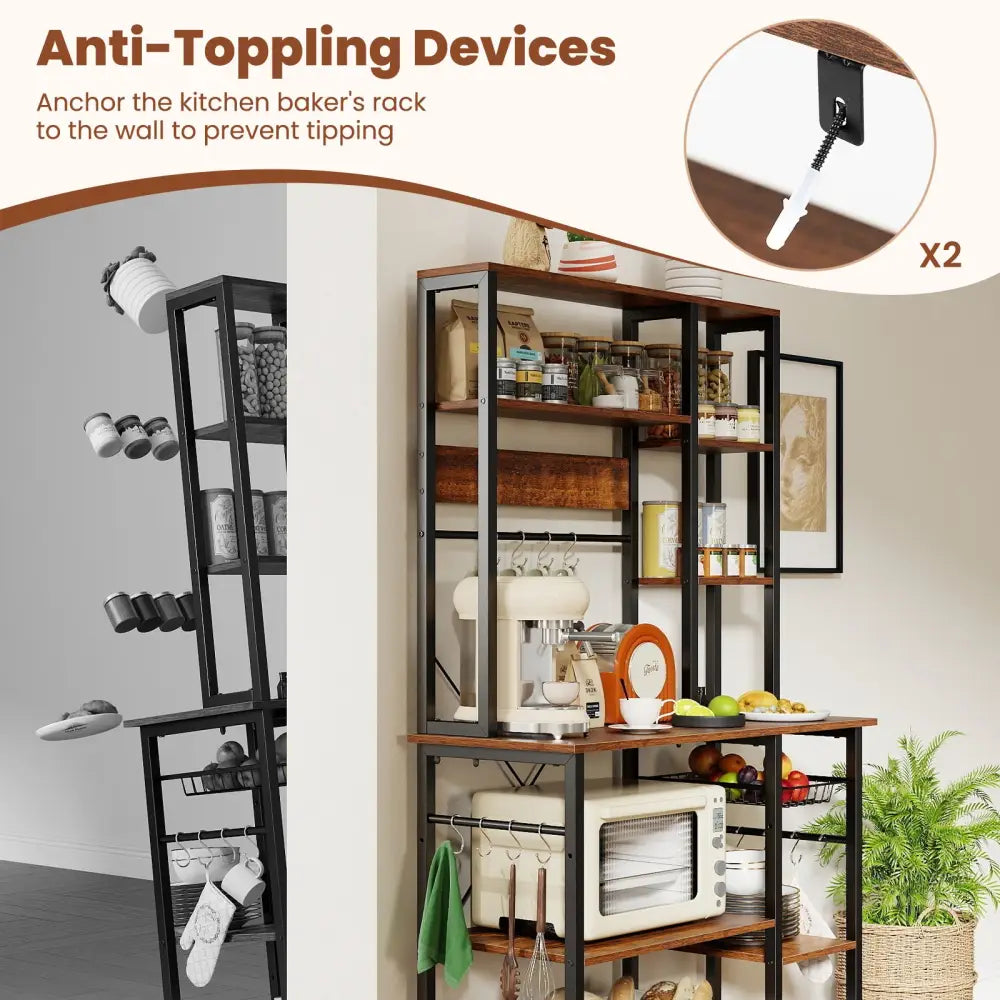6-Tier Bakers Rack with Power Outlet Stand Wooden Open Shelves-Rusticbrown - Rustic Brown - Baker’s Racks