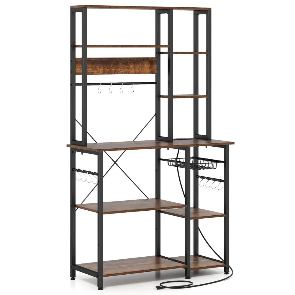 6-Tier Bakers Rack with Power Outlet Stand Wooden Open Shelves-Rusticbrown - Rustic Brown - Baker’s Racks
