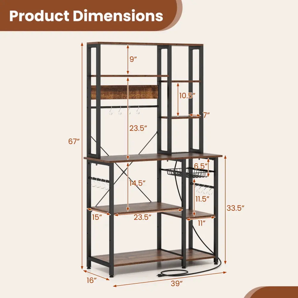 6-Tier Bakers Rack with Power Outlet Stand Wooden Open Shelves-Rusticbrown - Rustic Brown - Baker’s Racks