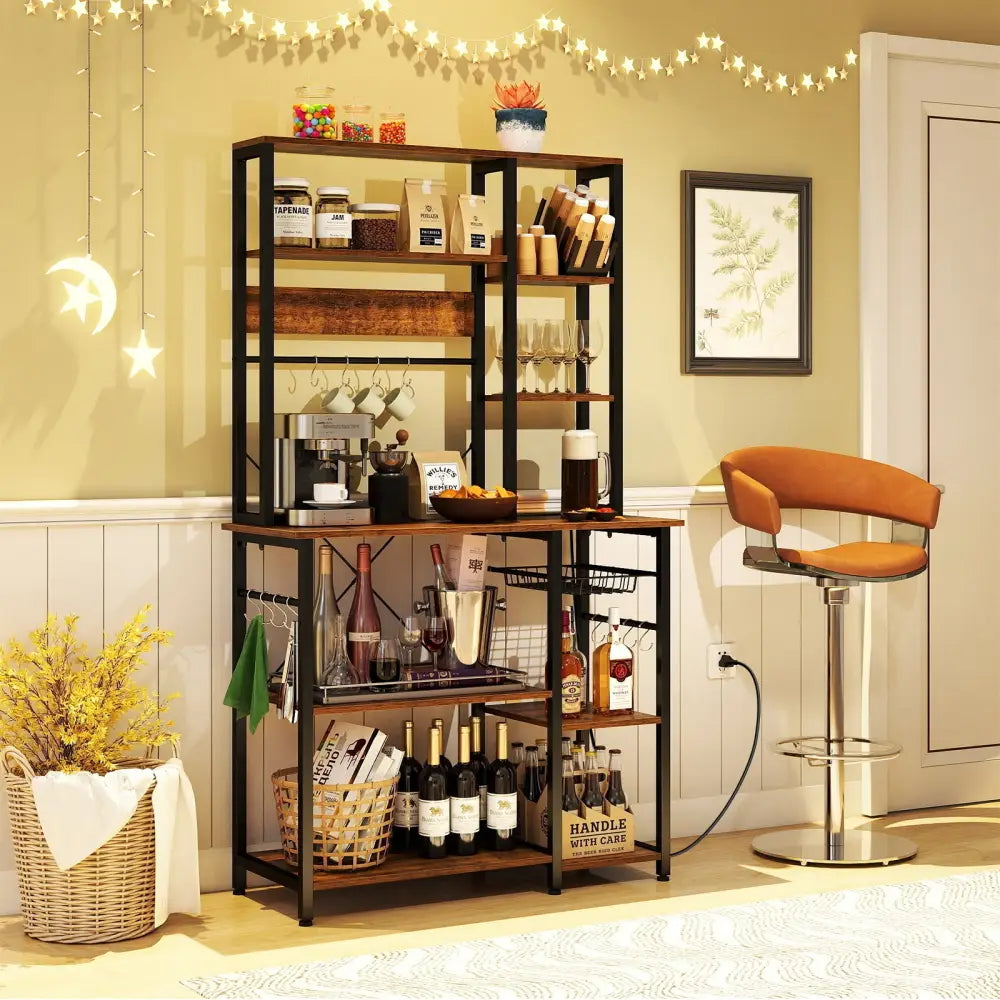 6-Tier Bakers Rack with Power Outlet Stand Wooden Open Shelves-Rusticbrown - Rustic Brown - Baker’s Racks