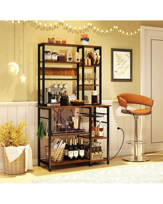 6-Tier Bakers Rack with Power Outlet Stand Wooden Open Shelves-Rusticbrown - Rustic Brown - Baker’s Racks