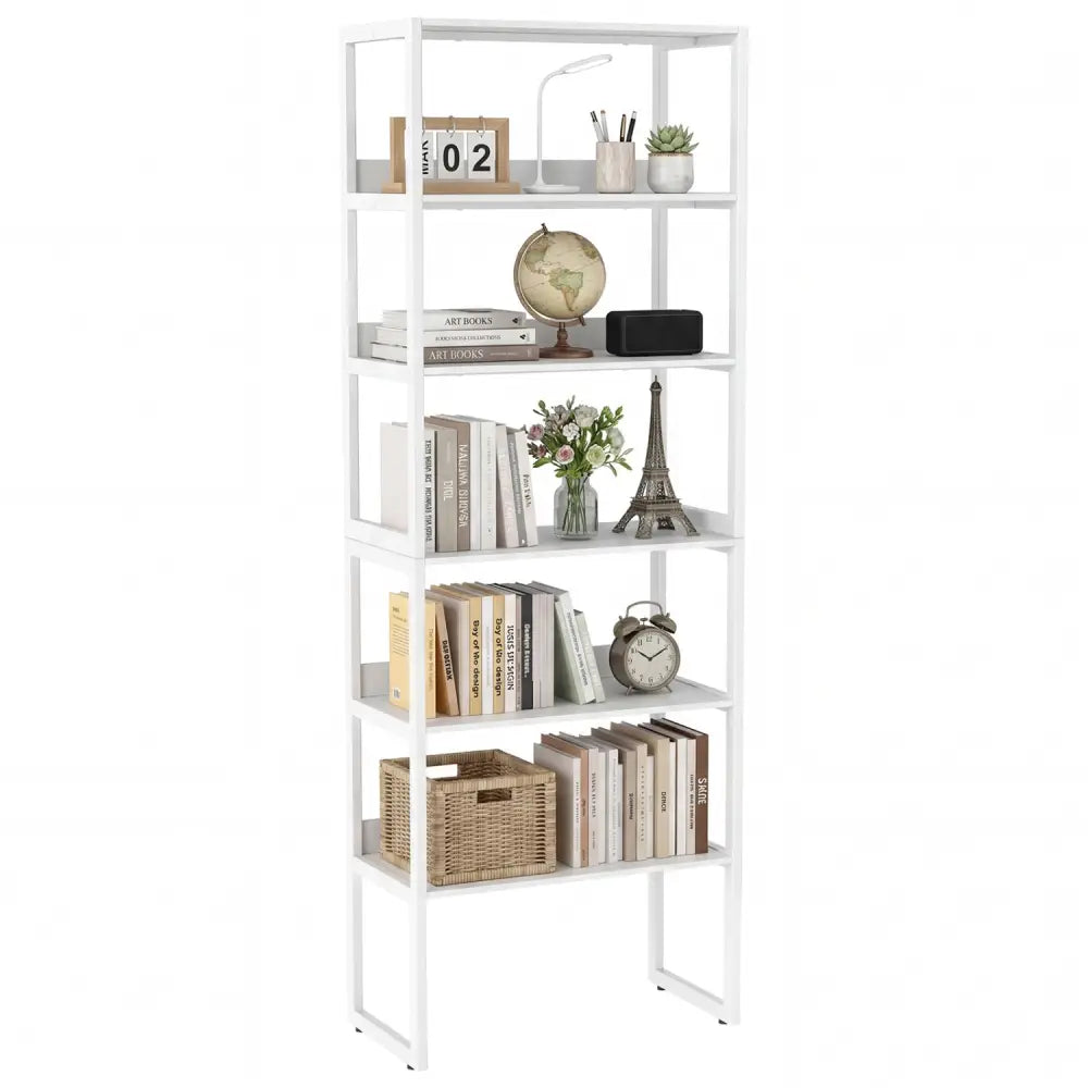 6-Tier Book Shelf with Metal Frame and 4 Anti-Tipping Kits Detachable Shelves-White - White - Bookcases