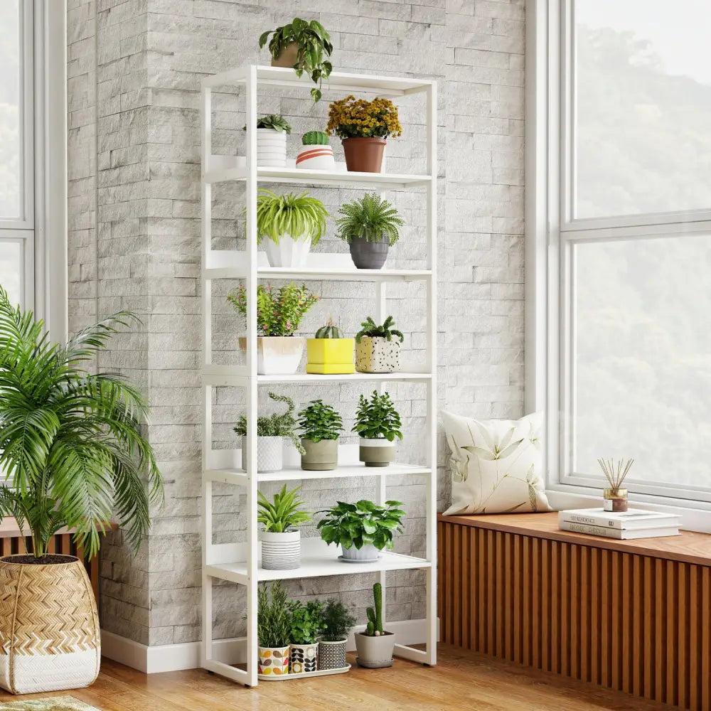 6-Tier Book Shelf with Metal Frame and 4 Anti-Tipping Kits Detachable Shelves-White - White - Bookcases