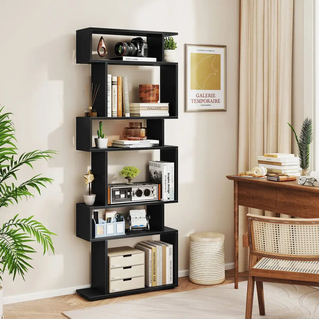 6-Tier Bookcase with Anti-Tipping Kit-Black - Black - Bookcases
