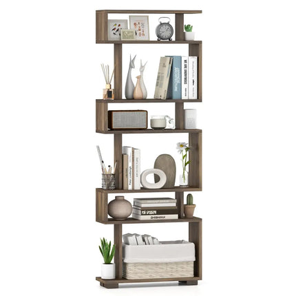 6-Tier Bookcase with Anti-Tipping Kit-Walnut - Walnut - Bookcases