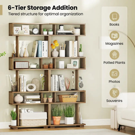 6-Tier Bookcase with Anti-Tipping Kit-Walnut - Walnut - Bookcases