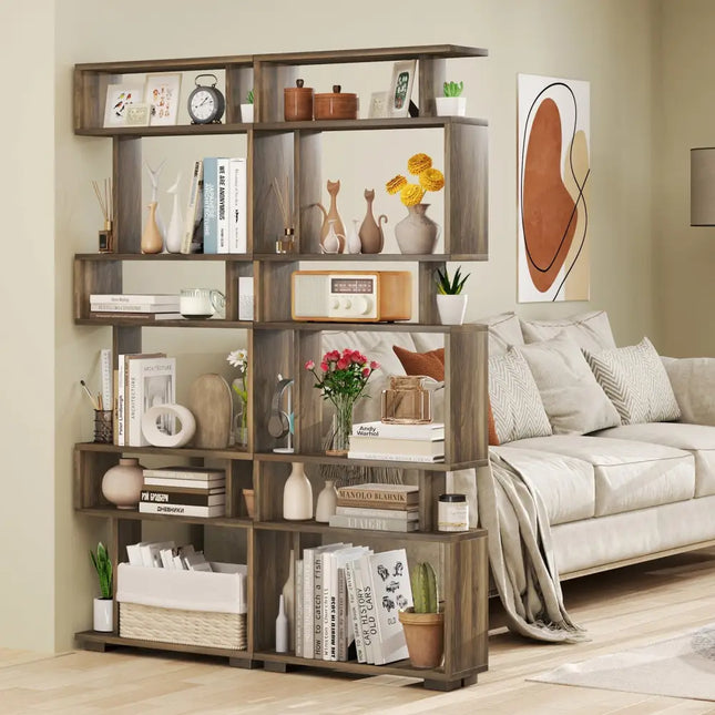 6-Tier Bookcase with Anti-Tipping Kit-Walnut - Walnut - Bookcases