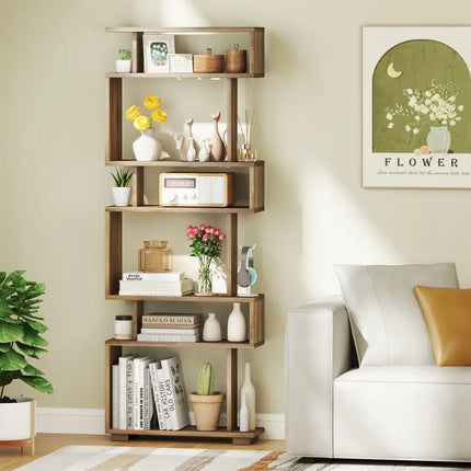 6-Tier Bookcase with Anti-Tipping Kit-Walnut - Walnut - Bookcases