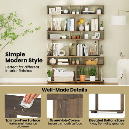 6-Tier Bookcase with Anti-Tipping Kit-Walnut - Walnut - Bookcases