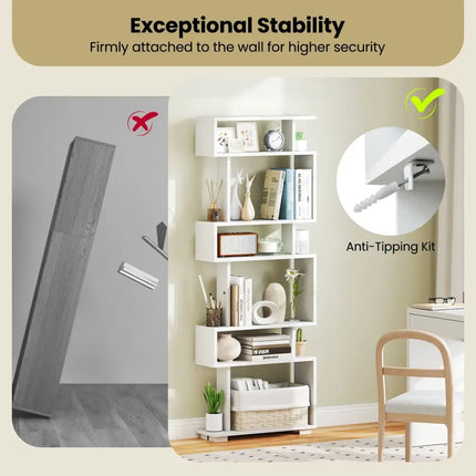 6-Tier Bookcase with Anti-Tipping Kit-White - White - Bookcases