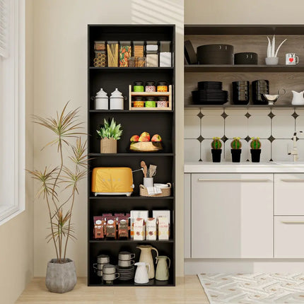 6-Tier Bookcase with 6 Open Shelves and Anti-Toppling Kits-Black - Black - Bookcases