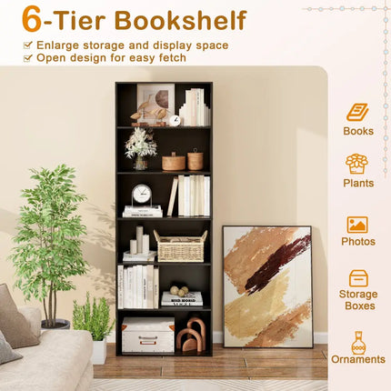 6-Tier Bookcase with 6 Open Shelves and Anti-Toppling Kits-Black - Black - Bookcases