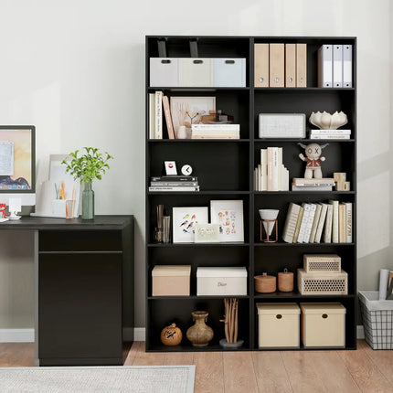 6-Tier Bookcase with 6 Open Shelves and Anti-Toppling Kits-Black - Black - Bookcases