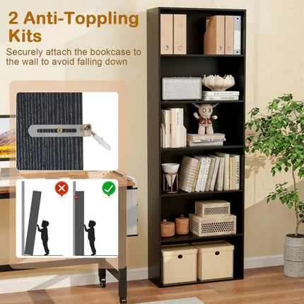 6-Tier Bookcase with 6 Open Shelves and Anti-Toppling Kits-Black - Black - Bookcases