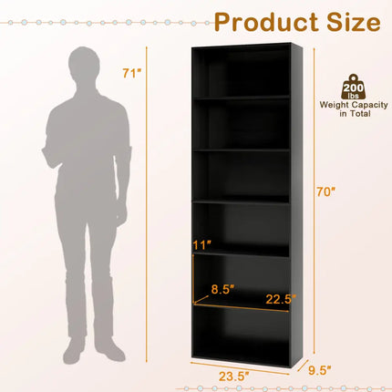 6-Tier Bookcase with 6 Open Shelves and Anti-Toppling Kits-Black - Black - Bookcases