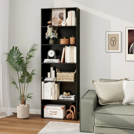 6-Tier Bookcase with 6 Open Shelves and Anti-Toppling Kits-Black - Black - Bookcases