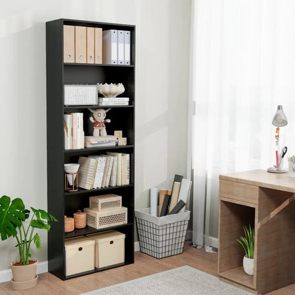 6-Tier Bookcase with 6 Open Shelves and Anti-Toppling Kits-Black - Black - Bookcases