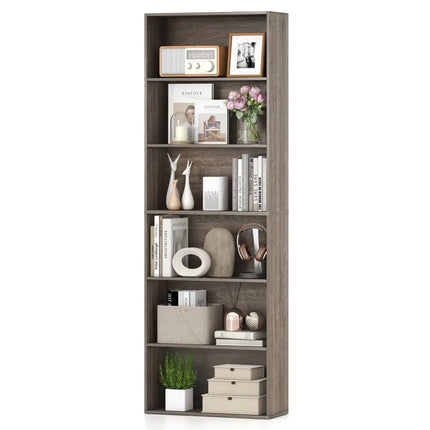 6-Tier Bookcase with 6 Open Shelves and Anti-Toppling Kits-Gray - Gray - Bookcases