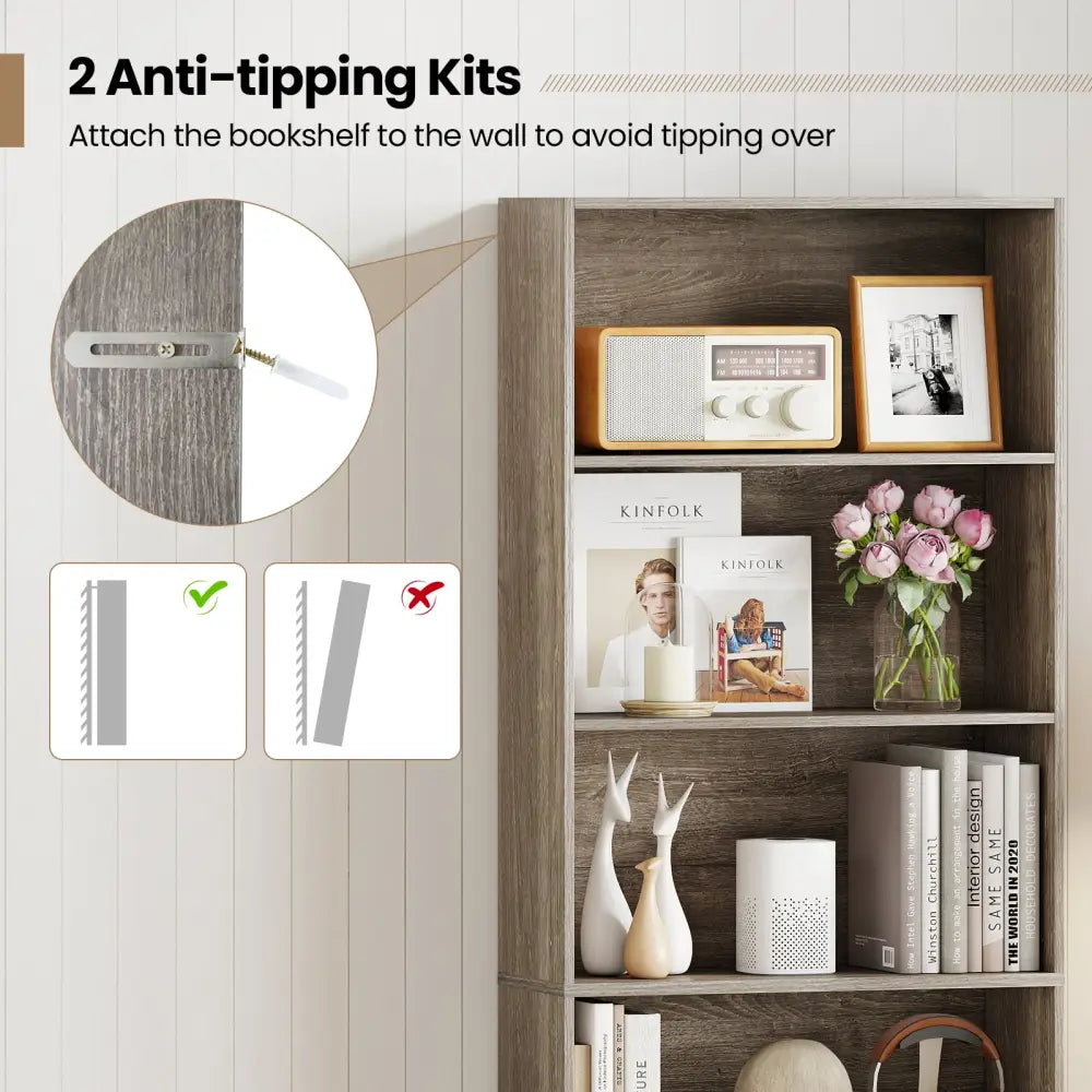 6-Tier Bookcase with 6 Open Shelves and Anti-Toppling Kits-Gray - Gray - Bookcases